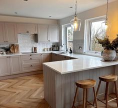 a kitchen with two stools next to an island in the middle of the room