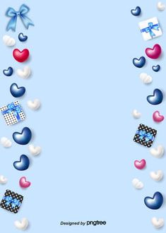 a blue and white background with hearts, gift boxes and bows on the left side