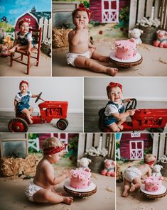 a collage of photos shows a baby sitting in front of a red tractor and cake