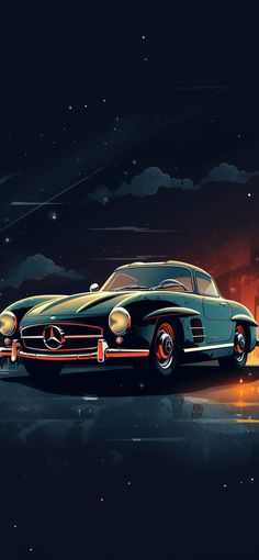 an old car is parked on the street at night with stars and clouds in the background