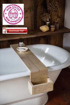 a white bath tub sitting next to a wooden shelf