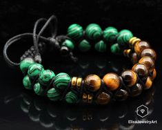 "Men's Bracelet Natural Malachite & Tiger Eye Beaded Men's Bracelet Women's Bracelet Crystal Bracelet Father's Day Gift Gift For Boyfriend -ALL THE PRODUCTS AT ELISAJEWELRYART ARE HANDMADE AND MADE WITH NATURAL BEADS. -WHAT DOES THE MALACHITE STAND FOR Malachite is a stone of balance, abundance, manifestation and intention. Malachite absorbs energy and draws emotions to the surface. It clears and activates all Chakras, and is especially helpful in the stimulation of the Heart and Throat Chakras. Abundance Manifestation, Cardboard Jewelry Boxes, Tiger Eye Bracelet, Les Chakras, Bracelet Crystal, Blue Tigers Eye, Tiger Eye Beads, Men's Bracelet, Gift For Boyfriend