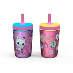 two children's sippy cups, one with a cat and the other with a kitten on it