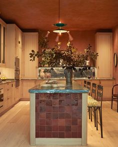 a kitchen with wooden cabinets and an island that has a potted plant on it