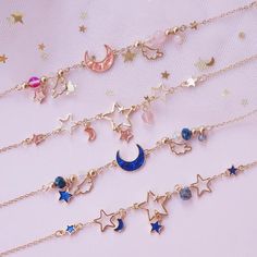 Stars Bracelet, قلادات متدلية, Moon Necklaces, Hiasan Bilik, Pola Gelang, Kawaii Jewelry, Kawaii Accessories, Girly Accessories