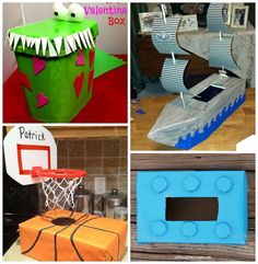 four different pictures of toys made to look like basketball hoops and dinosaur head boxes