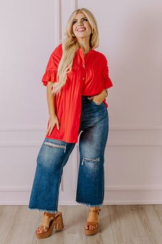 Red Relaxed Fit Top, Fun Style, Oversized Red Tops With Button Closure, Red V-neck Shirt With Relaxed Fit, Red Cotton V-neck Top, Red V-neck Blouse Relaxed Fit, Spring Lookbook, Flowy Top, Impressions Online Boutique, Flowy Tops