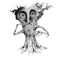 a black and white drawing of a tree with two eyes on it's face