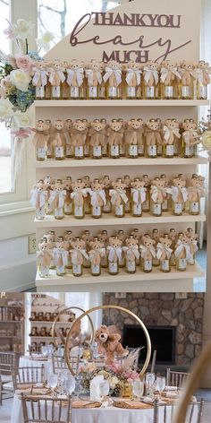 there are many small teddy bears on the shelves in this wedding reception room, as well as decorations