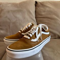 Suede, Mustard Vans . Never Worn, Just Tried On. Mustard Vans, Mustard Shoes, Vans Outfits, Suede Vans, Vans Outfit, Brown Mustard, Women's Vans, Womens Vans, Suede Shoes