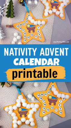 the nativity advent calendar printable is displayed on top of a table with decorations