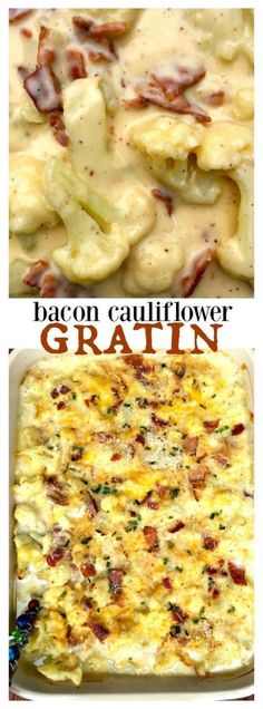 bacon and cauliflower gratin in a casserole dish with text overlay