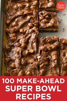 brownies with chocolate frosting and sprinkles on top in a baking pan