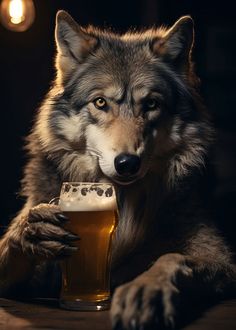 a wolf holding a glass of beer with its paws on it's side and looking at the camera