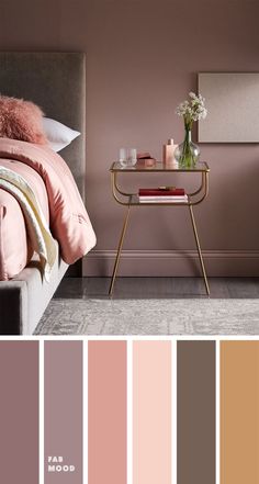 a bedroom with pink and brown tones in the color scheme, including bed linens