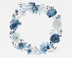 a blue and white flower wreath with leaves on it's sides, painted in watercolor