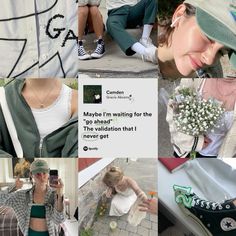 a collage of photos with people wearing hats and clothing, one woman is holding flowers while the other holds a cell phone