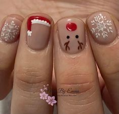 Santa Hat And Reindeer Nails, Gel Nail Art Winter, X Mas Nails, Monthly Nails, Nail Noel, Art Noel, Nail Art Noel, Art Designs Ideas, Hello Nails