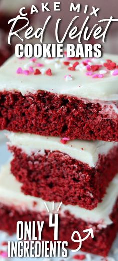 red velvet cookie bars with white frosting and sprinkles are stacked on top of each other