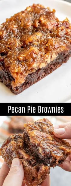 pecan pie brownies on a white plate and in a pan with the same topping