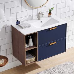 a bathroom vanity with two drawers and a mirror on the wall above it, along with a rug