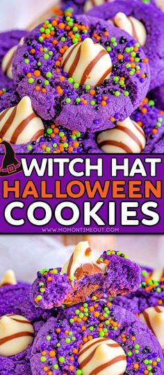 purple halloween cookies with white chocolate and sprinkles on top, in front of the words witch hat halloween cookies