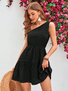 Black Casual,Boho Collar Sleeveless Woven Fabric Plain A Line Embellished Non-Stretch  Women Clothing Boho Casual, Black Casual, Women Dresses, Pure Color, San Valentino, Dress P, Women Clothing, Woven Fabric, Valentine's Day