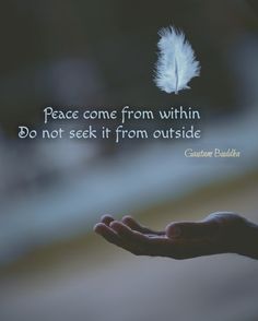 a person holding out their hand with a white feather on it and the words peace come from within do not seek it from outside