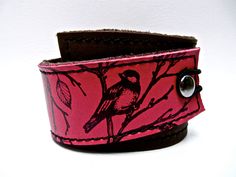 Leather Cuff Bracelet Wrap, Lark Print in Brown & Fuchsia - SALE - see Shop for Coupon Codes.... $27.50, via Etsy. Vintage Leather Bracelet With Wrist Strap As Gift, Vintage Leather Strap Cuff Bracelet Gift, Hand-tooled Cuff Bracelets As Gift, Hand Tooled Cuff Bracelets As A Gift, Hand Tooled Cuff Bracelet For Gift, Cuff Bracelet With Leather Strap For Gift, Cuff Bracelets With Leather Strap As Gift, Adjustable Pink Leather Bracelet For Gift, Pink Leather Jewelry Gift