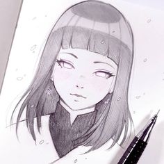 a pencil drawing of a girl with long hair and wearing a black scarf on top of her head