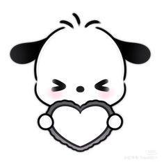 a white and black panda holding a heart