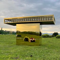 a mirrored sculpture in the middle of a grassy field with flowers on it's side