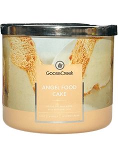 an angel food cake in a glass jar with a label on the lid that says goose creek