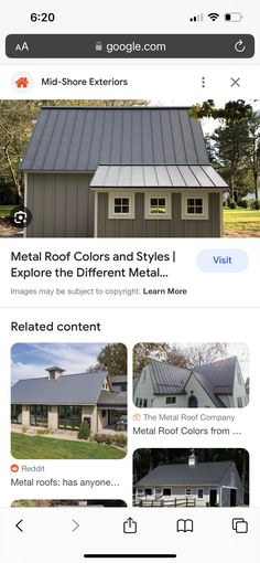 the homepage for metal roof colors and styles is displayed on an iphone screen with other images