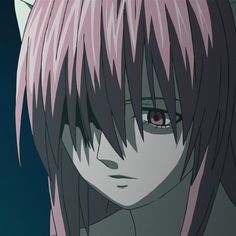 an anime character with pink hair and red eyes looks at the camera while staring into the distance