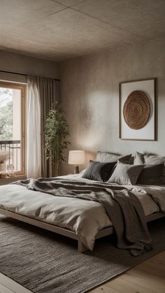 a large bed sitting in a bedroom on top of a wooden floor next to a window