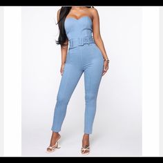 Light Blue Stretch One Piece With Back Zipper With Detachable Belt Trendy Blue Denim Jumpsuit For Day Out, Chic High-waist Denim Jumpsuits And Rompers, Chic Denim High Waist Jumpsuits And Rompers, Chic High Waist Denim Jumpsuit, Trendy Blue Stretch Denim Jumpsuit, High Waist Denim Jumpsuit For Night Out, Trendy Stretch Blue Denim Jumpsuit, Blue Stretch Denim Jumpsuits And Rompers, Chic Denim Jumpsuits And Rompers For Night Out