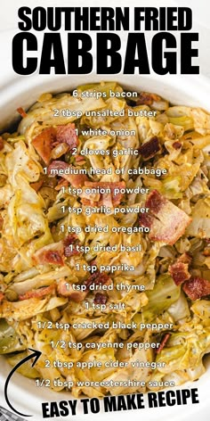 the recipe for southern fried cabbage in a white bowl