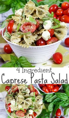 the ingredients for caprese pasta salad in bowls