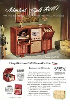 an advertisement for the old fashioned radio and record player in wood with leather cases on it