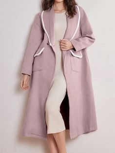 Contrast Trim Double Button Overcoat Baby Pink Elegant  Long Sleeve Woven Fabric Plain Regular Non-Stretch  Women Clothing, size features are:Bust: ,Length: ,Sleeve Length: Single Breasted Long Sleeve Sweater Coat, Spring Single-breasted Sweater Coat, Spring Long Sleeve Button Sweater Coat, Spring Long Sleeve Sweater Coat With Buttons, Spring Sweater Coat With Button Closure, Oversized Long Sleeve Sweater Coat With Single Breasted Design, Oversized Single-breasted Long Sleeve Sweater Coat, Oversized Single Breasted Sweater Coat With Long Sleeves, Oversized Single-breasted Sweater Coat