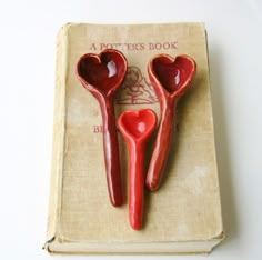 two spoons shaped like hearts sitting on top of a book