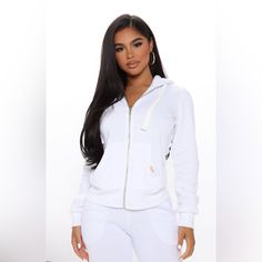 Nwot Fashion Nova Relaxed Vibe Zip Up Jacket-White Fleece Solid Full Zip Jacket Hoodie Pockets Contrast White Drawstring Pair With "Relaxed Vibe Jogger" Self: 60% Cotton, 40% Polyester Contrast: 57.5% Cotton 37.5% Polyester 5% Spandex Imported White Fleece, Jacket Hoodie, Fashion Nova Tops, White Dresses For Women, Womens Loungewear, Zip Up Jacket, Shop Maxi Dresses, White Fashion, Zip Jacket