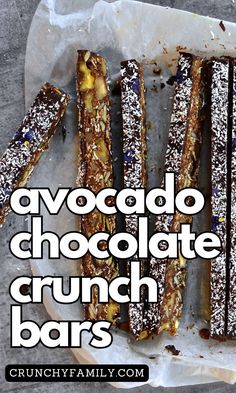 chocolate crunch bars on parchment paper with the words, avocado chocolate crunch bars