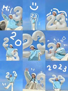 a collage of photos with numbers and symbols in the air, including an image of a woman wearing a blue shirt