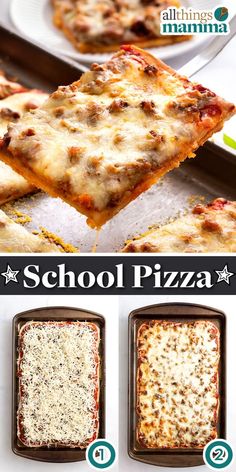 an advertisement for school pizza with different toppings