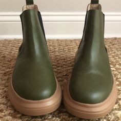 These Are Gorgeous Brand New Olive Colored Boots Heighten Just About Every Outfit And Are Very Comfortable! They Are Technically Listed As A Size 10 But Are Tight For A 10. These Will Fit A Size 9-9.5 Better. Made With Real Leather Upper. Green Leather Shoes With Round Toe, Faux Leather Chelsea Boots With Round Toe, Casual Chelsea Boots With Leather Sole And Flat Heel, Casual Chelsea Boots With Flat Leather Sole, Faux Leather Chelsea Boots For Work, Casual Flat Heel Faux Leather Chelsea Boots, Green Leather Shoes With Leather Sole For Fall, Faux Leather Shoes With Leather Sole And Round Toe, Khaki Leather Boots With Round Toe