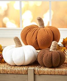 three pumpkins are sitting on a wicker table next to some leaves and other autumn decorations