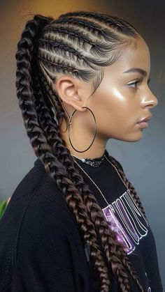 Half Braids Ponytail, Different Hair Braids Styles, Cornrows With Small Braids In Between, 2 Fishtail Braids Black Hair, Black Woman With Cornrows, Braided Cornrow Ponytail Hairstyles Black Women, Braids Formal Hairstyles Black, Braid Styles Women, Long Lasting Hairstyles Black Braids