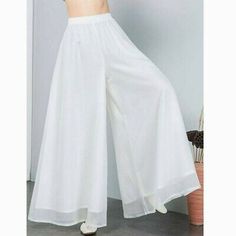 Wide Leg Chiffon Pants, Casual White Chiffon Bottoms, Casual Solid Chiffon Bottoms, White Chiffon Bottoms For Summer, Casual Chiffon Bottoms With Elastic Waistband, Summer High Waist Chiffon Wide Leg Pants, Casual Chiffon Trousers, Summer Chiffon Wide Leg Pants, Chiffon Wide-leg Summer Pants